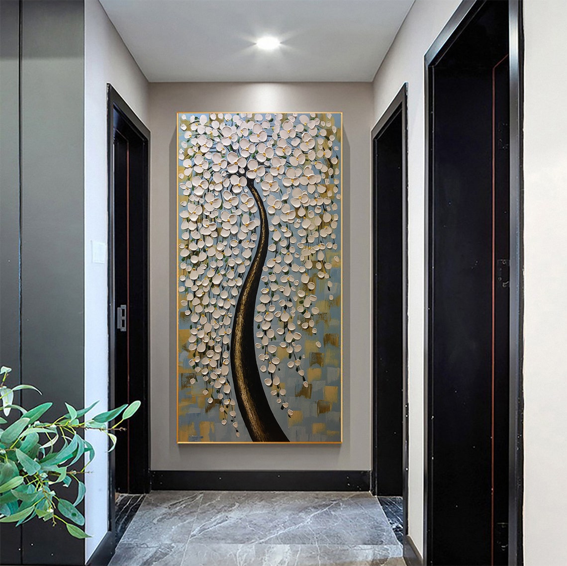 Elegant White Weeping Blossom Tree Palette Knife Romantic Art Poster - Image 3