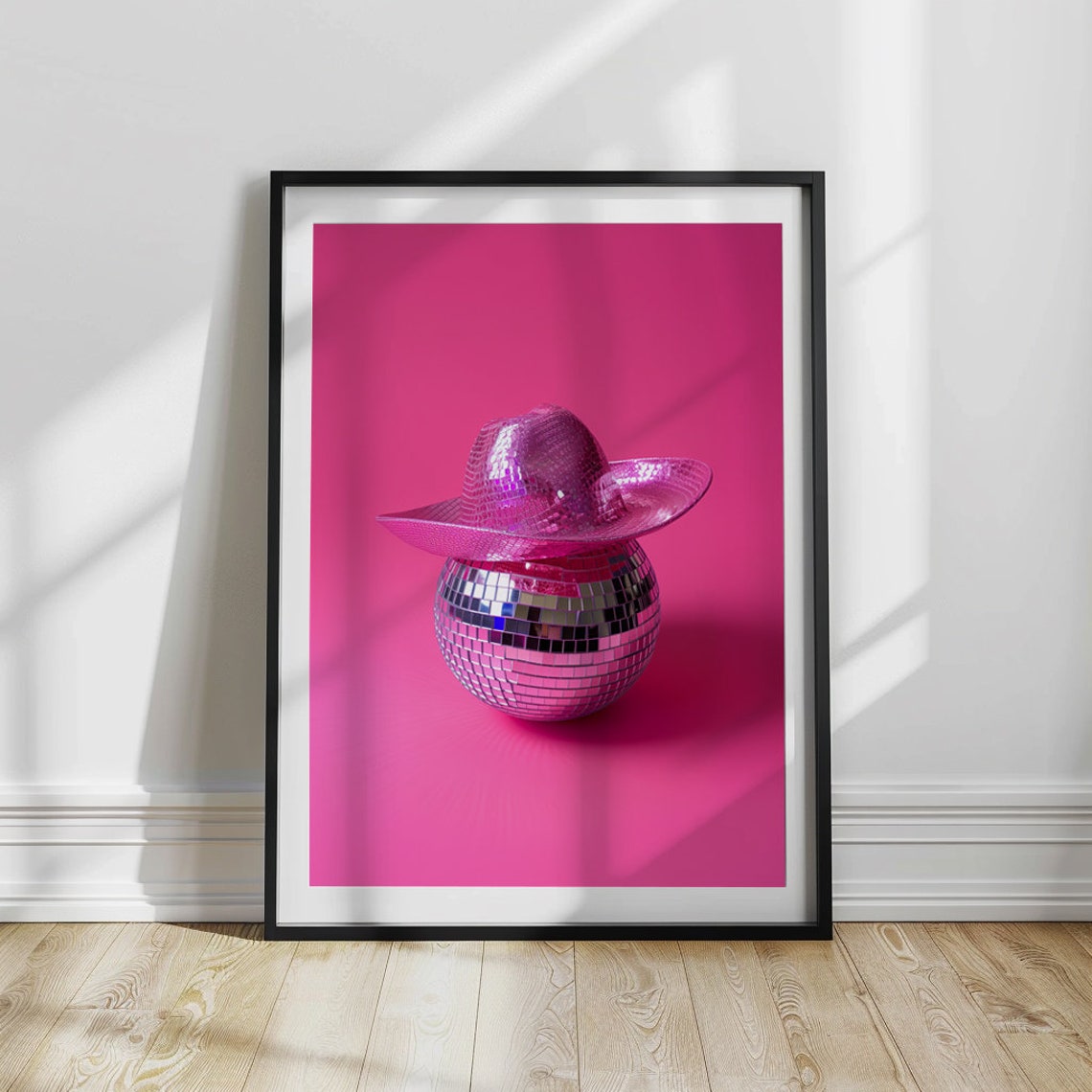 Pink Cowgirl Hat Disco Ball Poster Country Western Aesthetic Western Wall Art Print Cowgirl Print Vintage Retro Art Pink Aesthetic