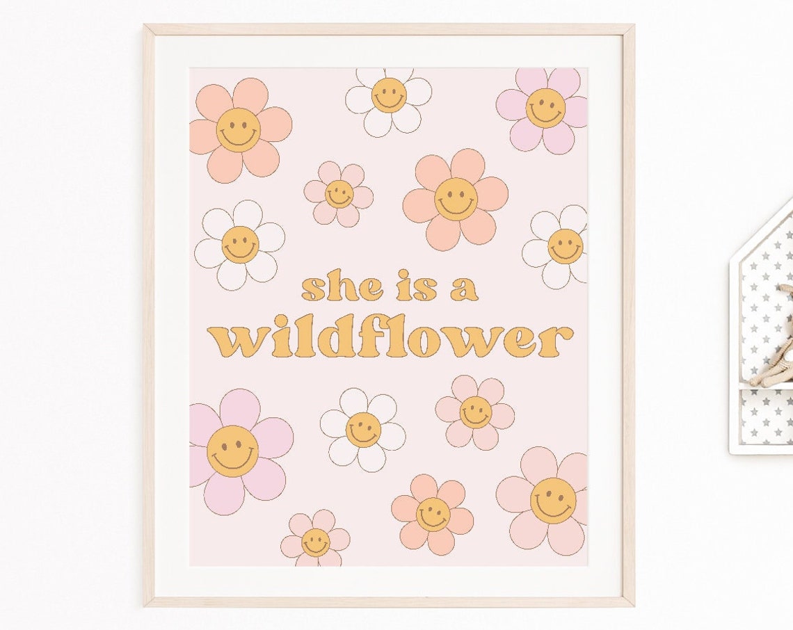 She Is A Wildflower Smiley Daisy Retro Girls Room Wall Art Poster - Image 3
