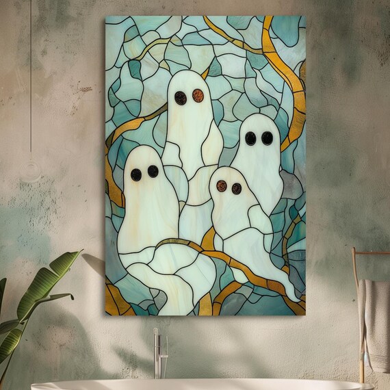 Four Cute Ghosts Teal Stained Glass Whimsical Halloween Poster