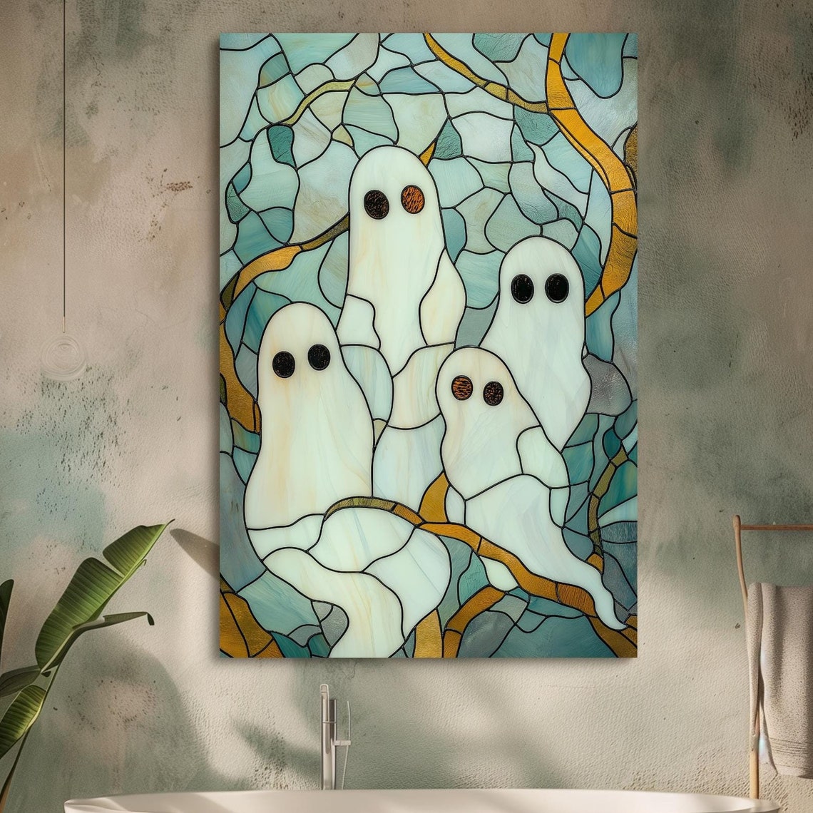 Four Cute Ghosts Teal Stained Glass Whimsical Halloween Poster