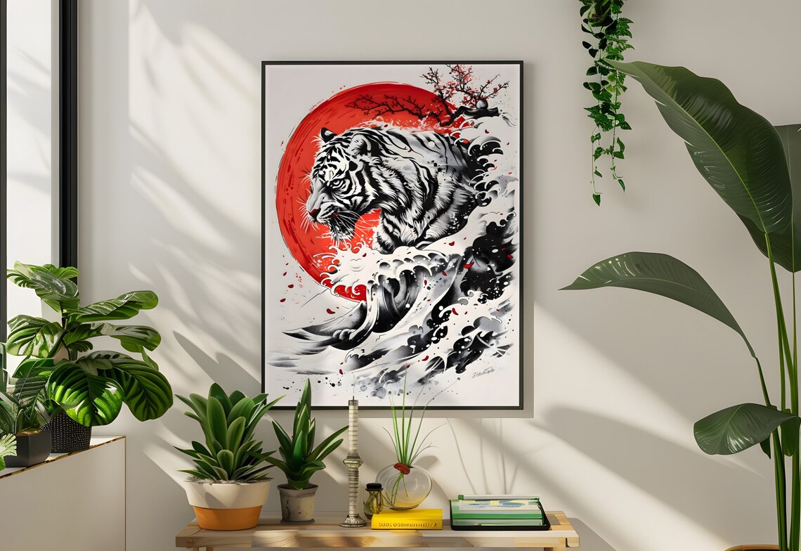 Hokusai Wave Tiger and Cherry Tree Art Print - Image 4