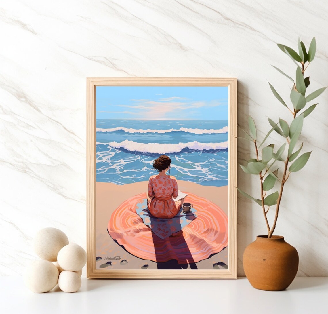 Summer Beach Woman Relaxing Retro Seaside Vacation Art Poster - Image 4