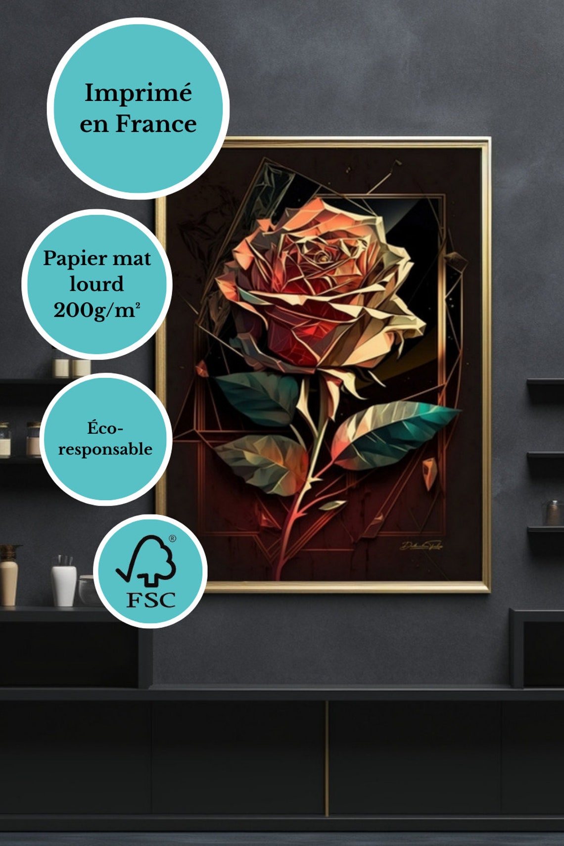Geometric Rose Flower Dark Botanical Modern Floral Art Poster - Image 4