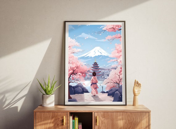 Geisha Poster In Front Of Mount Fuji Japan Cherry Tree Asian Theme Poster Without Frame Pastel Color Note Of Pink Chihiro Inspiration
