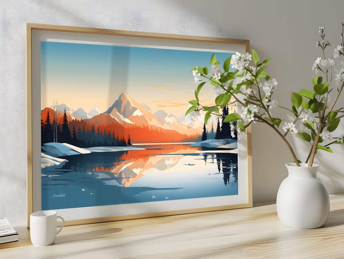Snowy Mountain Lake Sunrise Reflection Nature Wall Decor Poster - Image 4
