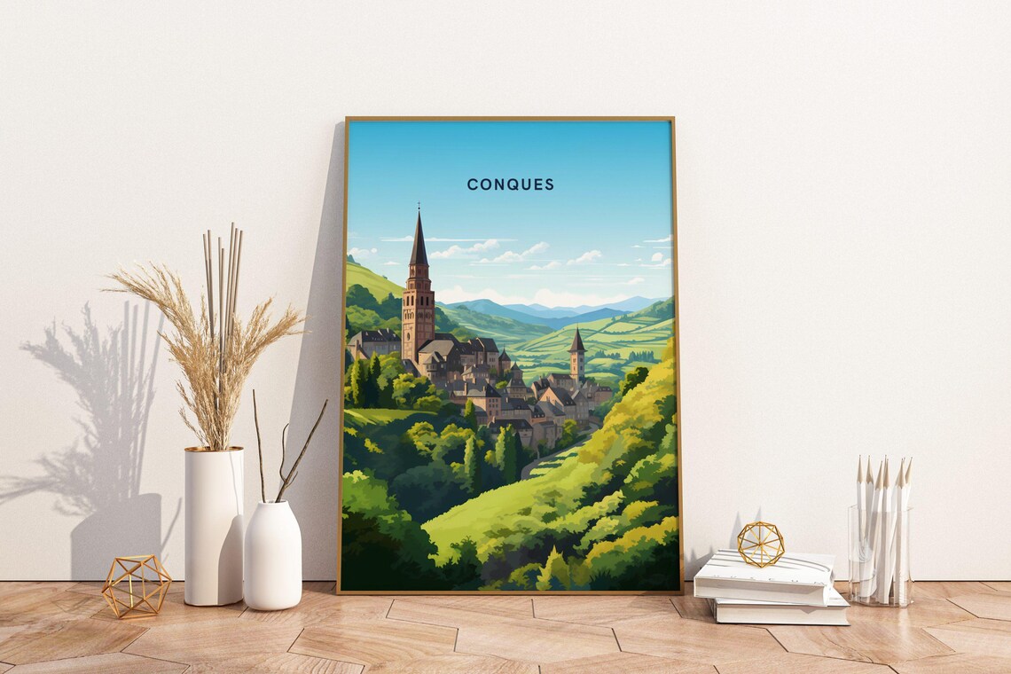 Conques France Medieval Village Abbey Green Hills Travel Poster