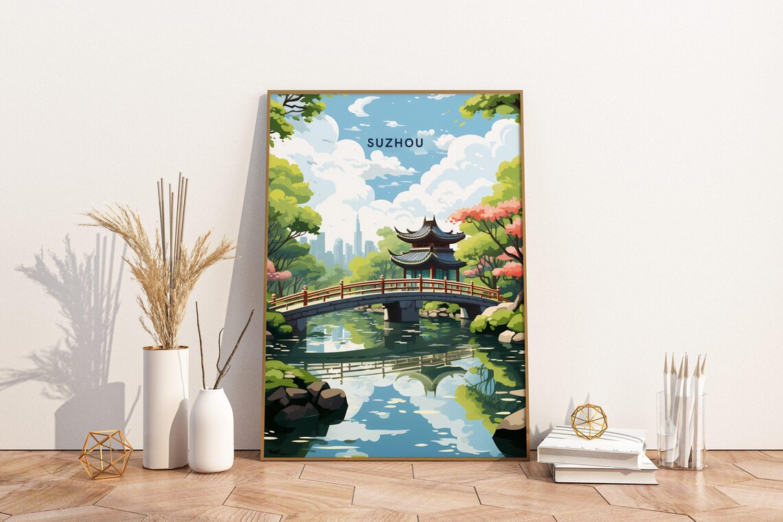 Suzhou China Travel Pagoda Bridge Garden Illustration Poster