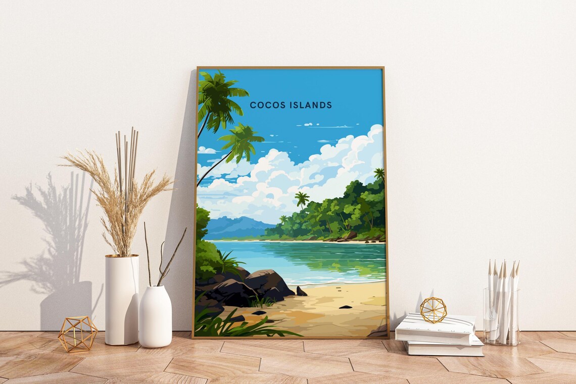 Cocos Islands Tropical Palm Tree Beach Lagoon Travel Art Poster