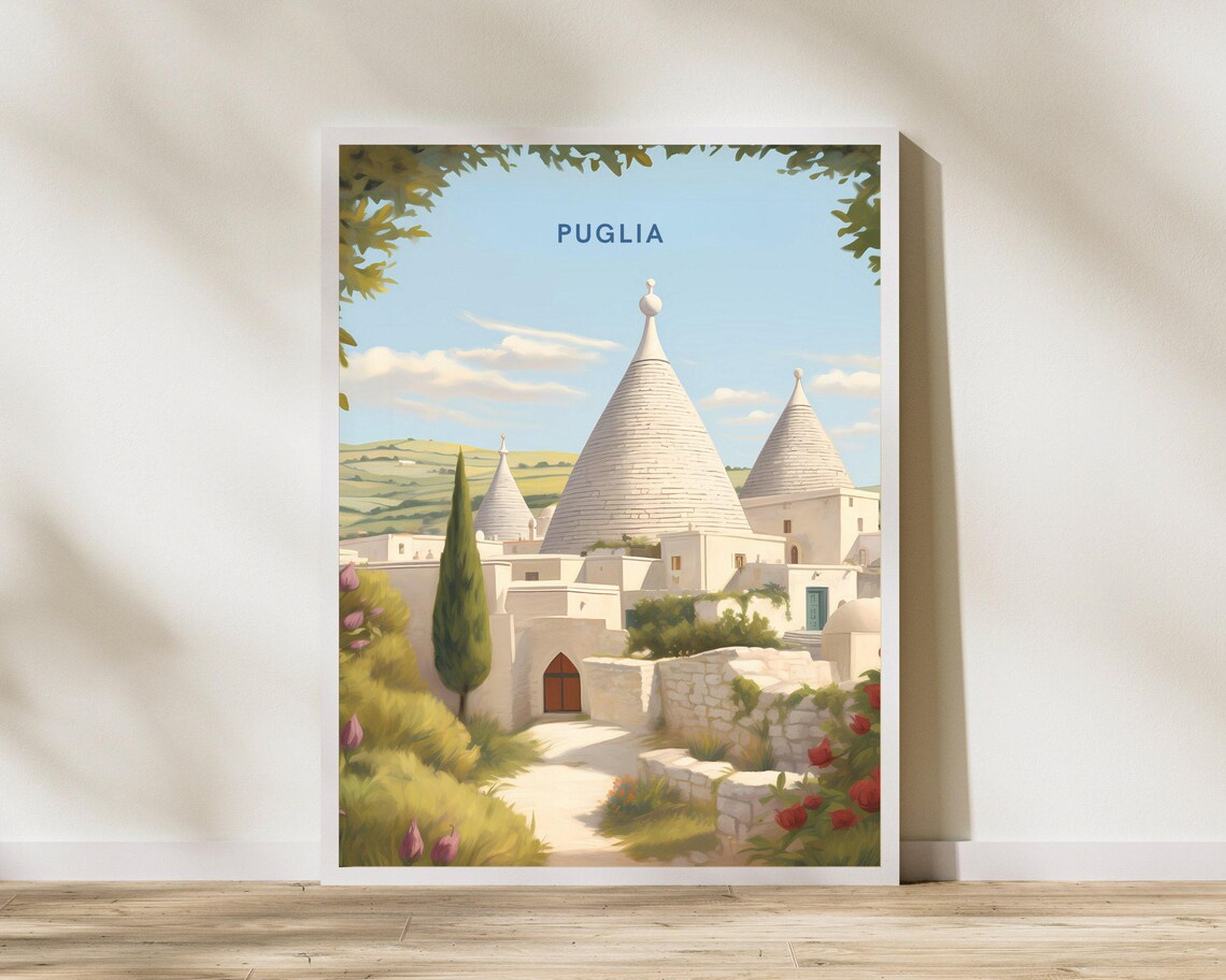 Puglia Italy White Trulli Cone Houses Stone Village Travel Poster