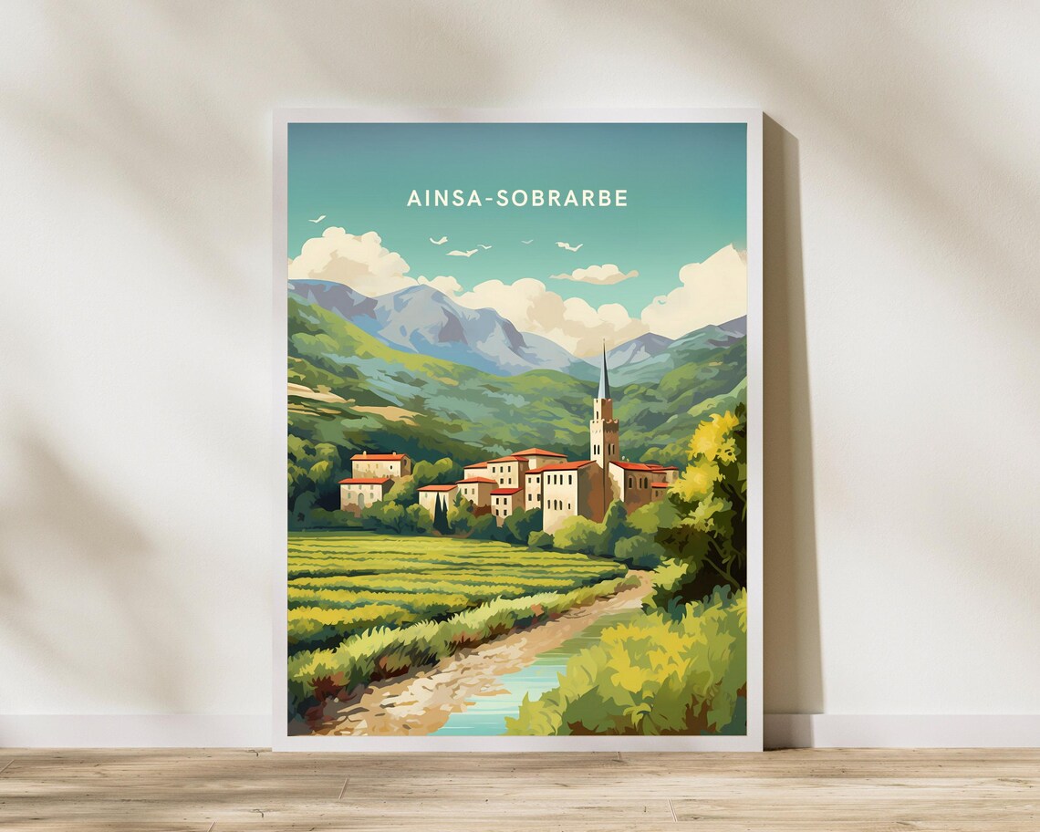 Ainsa Sobrarbe Spain Pyrenees Mountain Village Vintage Travel Poster