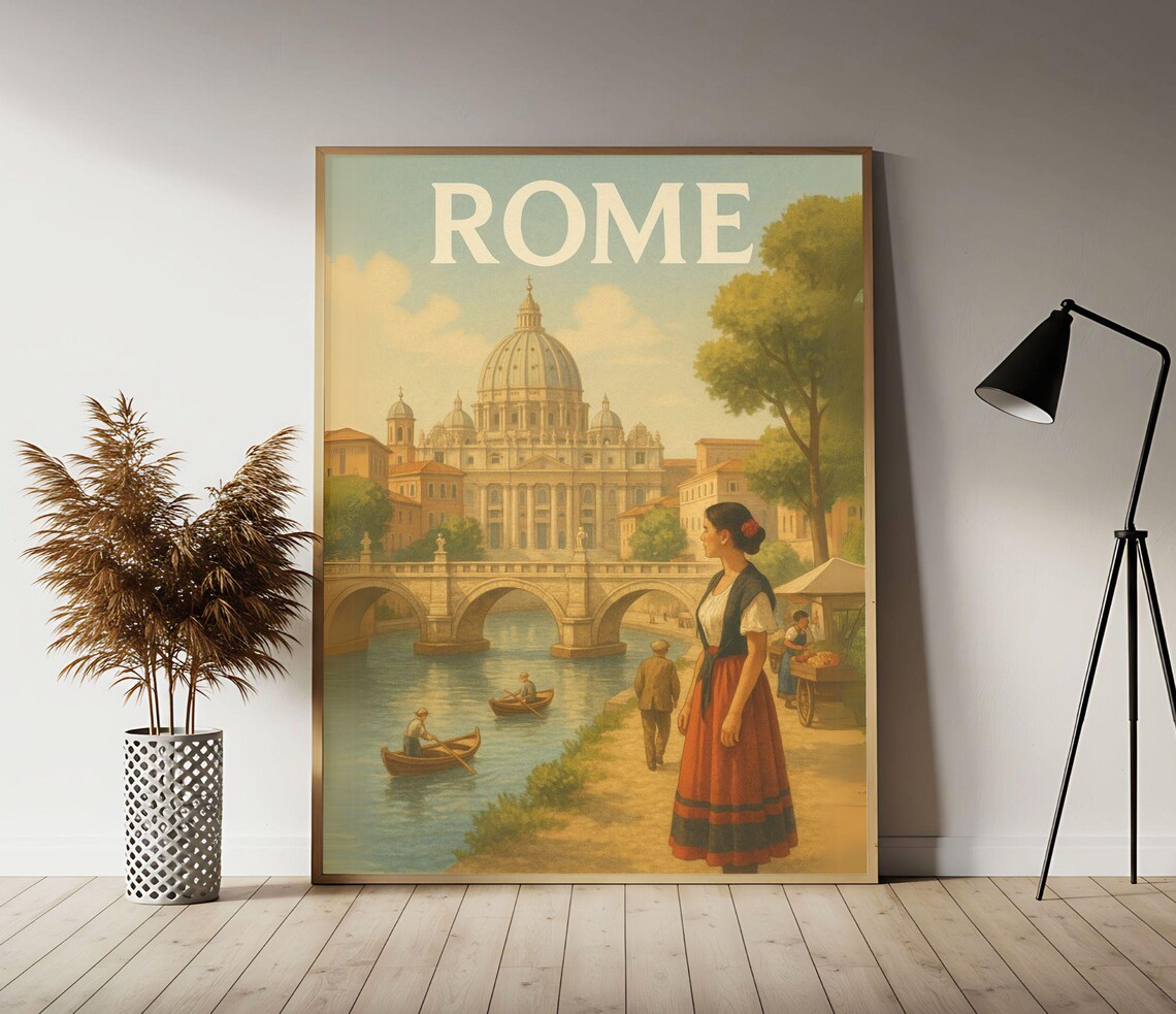Rome St. Peter's Basilica Tiber River Vintage Italy Travel Poster