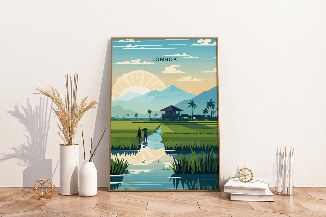 Lombok Indonesia Rice Paddy Fields Sunrise Illustration Travel Poster