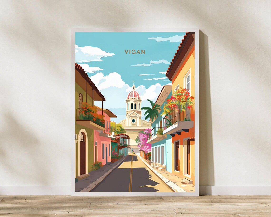 Vigan Philippines Historic Colonial Street Illustrated Travel Poster