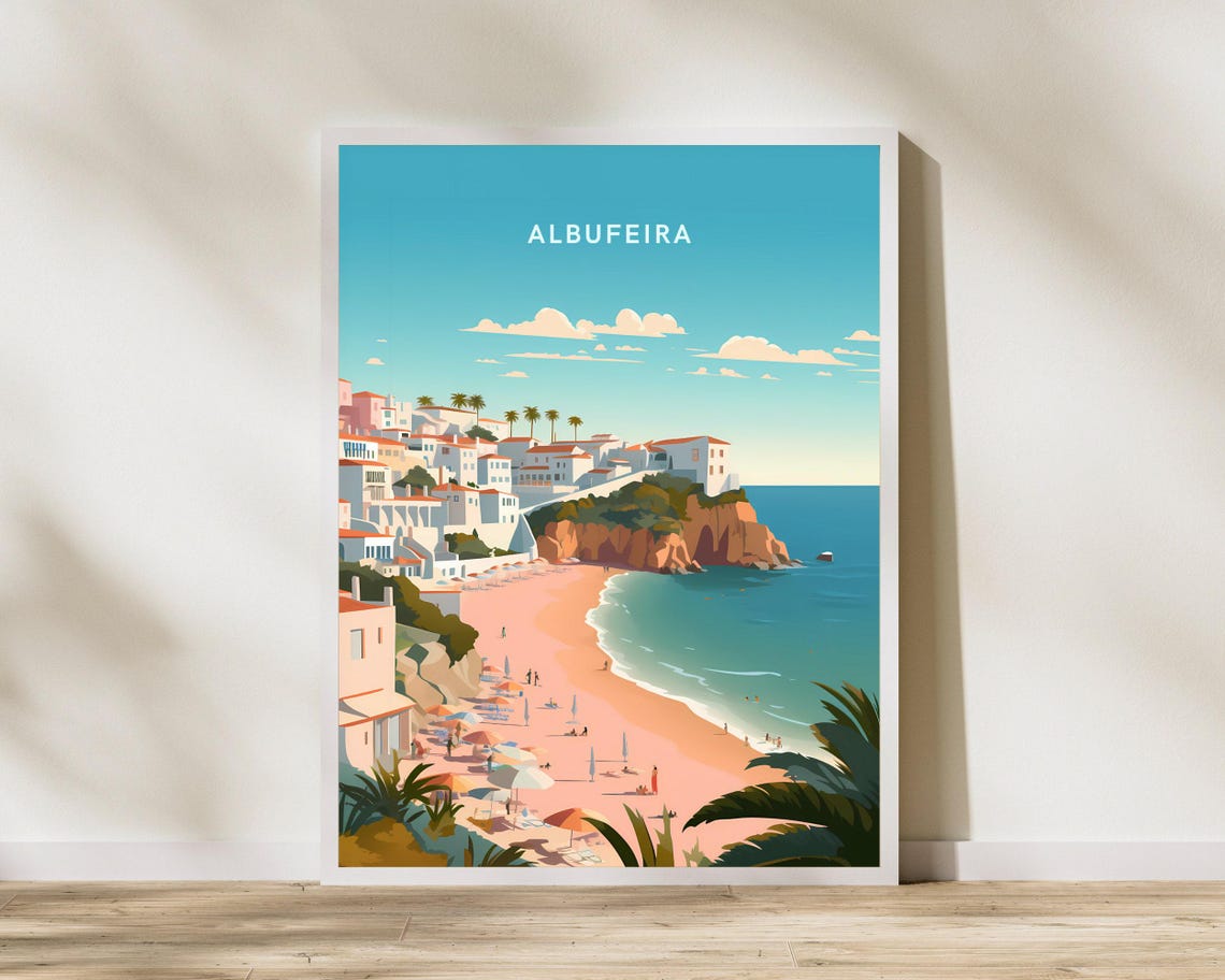 Albufeira Portugal Beach Cliffs Whitewashed Town Retro Travel Poster