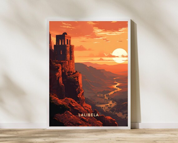 Lalibela Ethiopia Sunset Travel Poster Cliffside Stone Tower Artwork