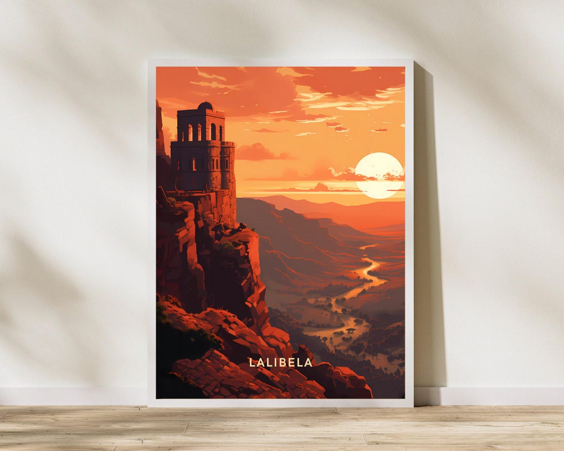 Lalibela Ethiopia Sunset Travel Poster Cliffside Stone Tower Artwork