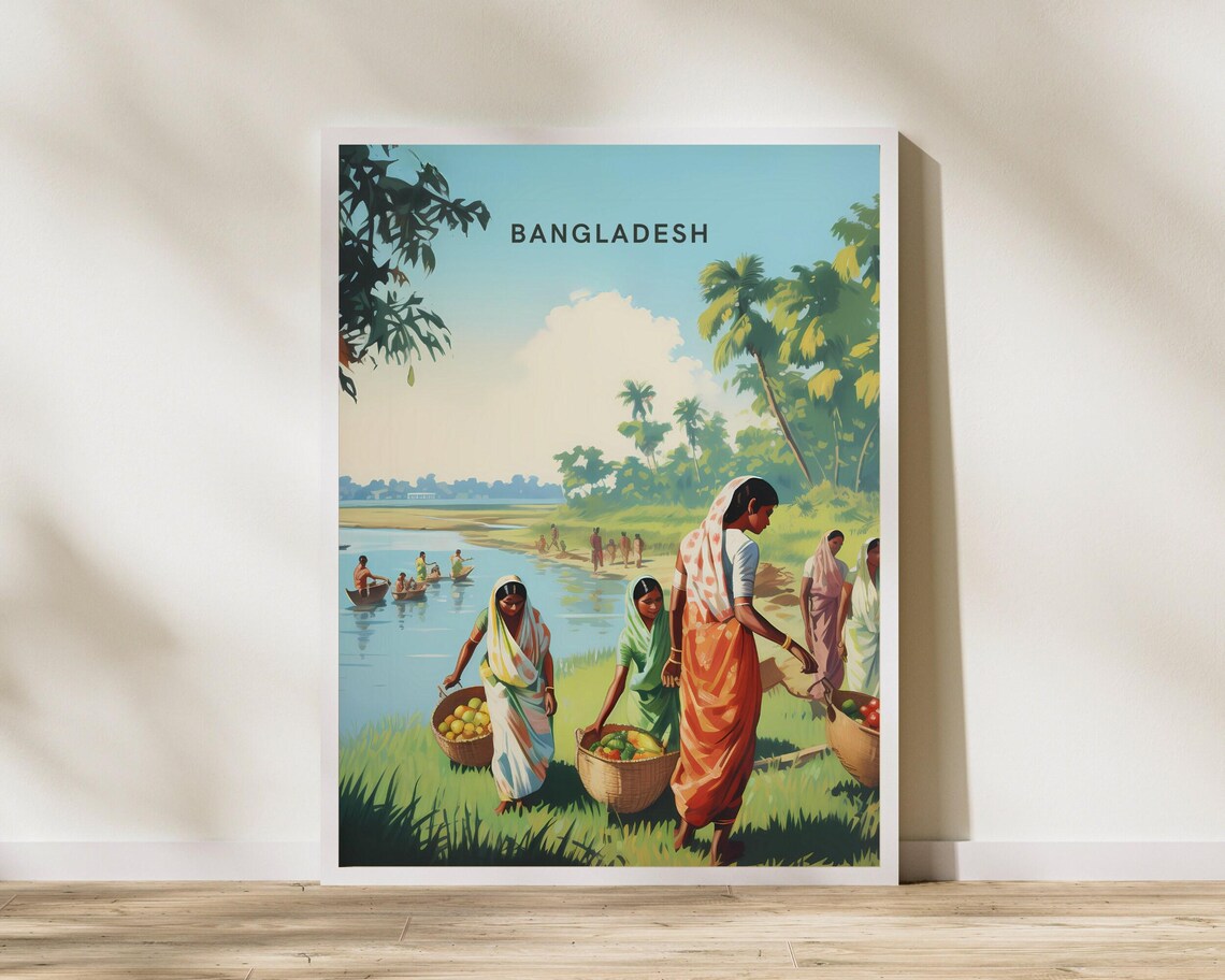 Bangladesh River Village Daily Life Colorful Illustration Poster