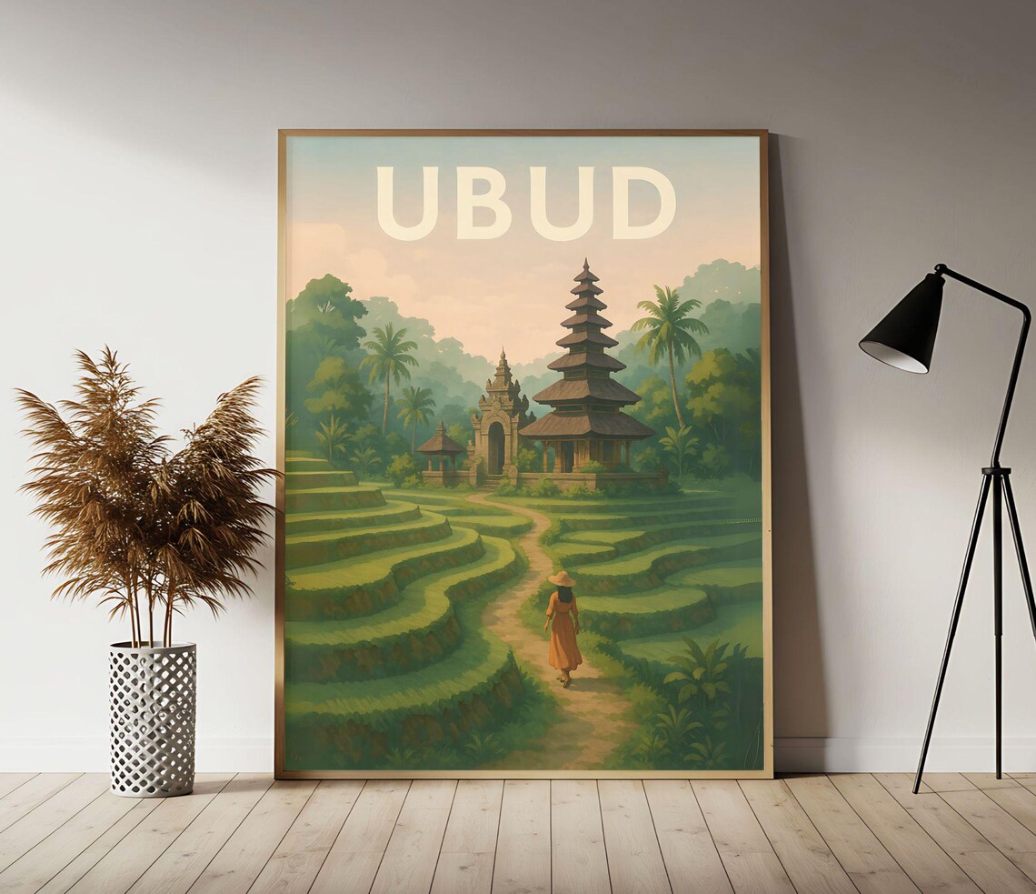 Ubud Bali Rice Terraces Jungle Temple Classic Vintage Travel Poster