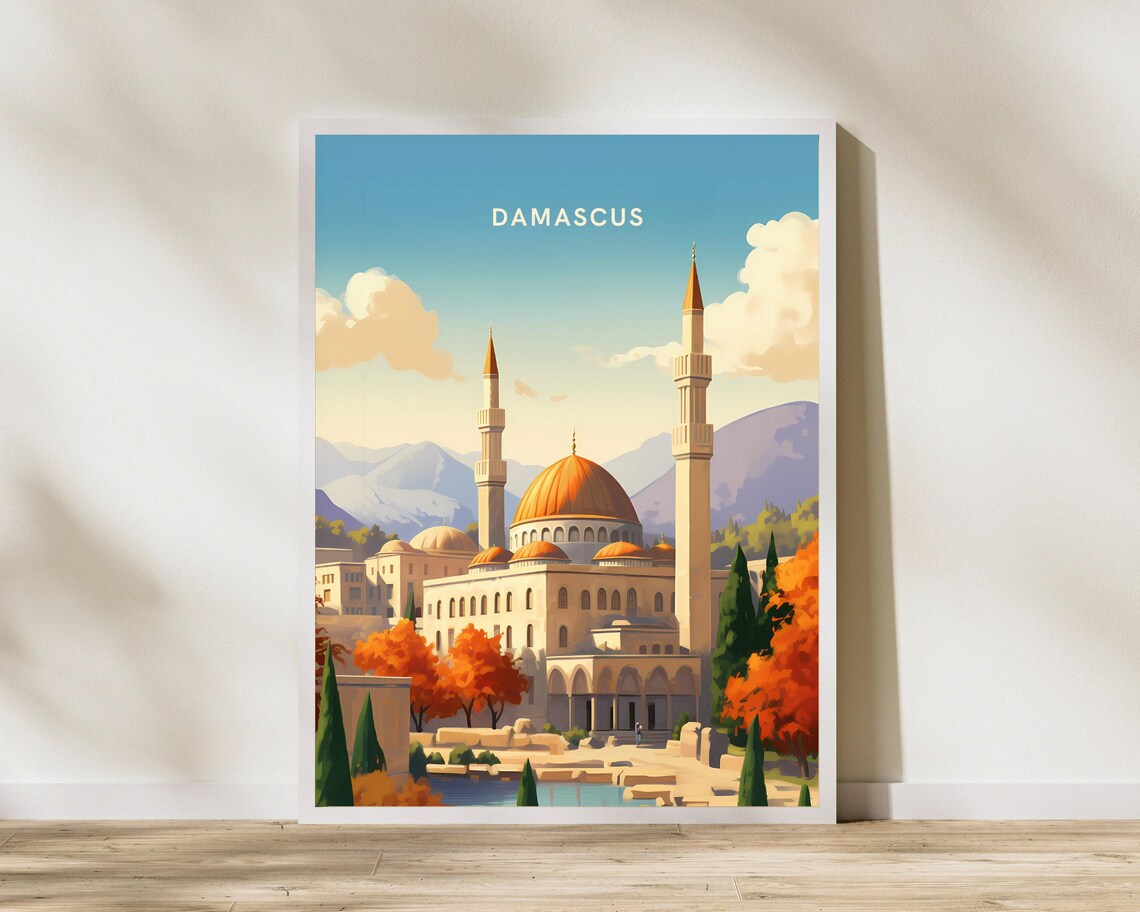 Damascus Syria Golden Dome Mosque Minarets Vintage Travel Poster