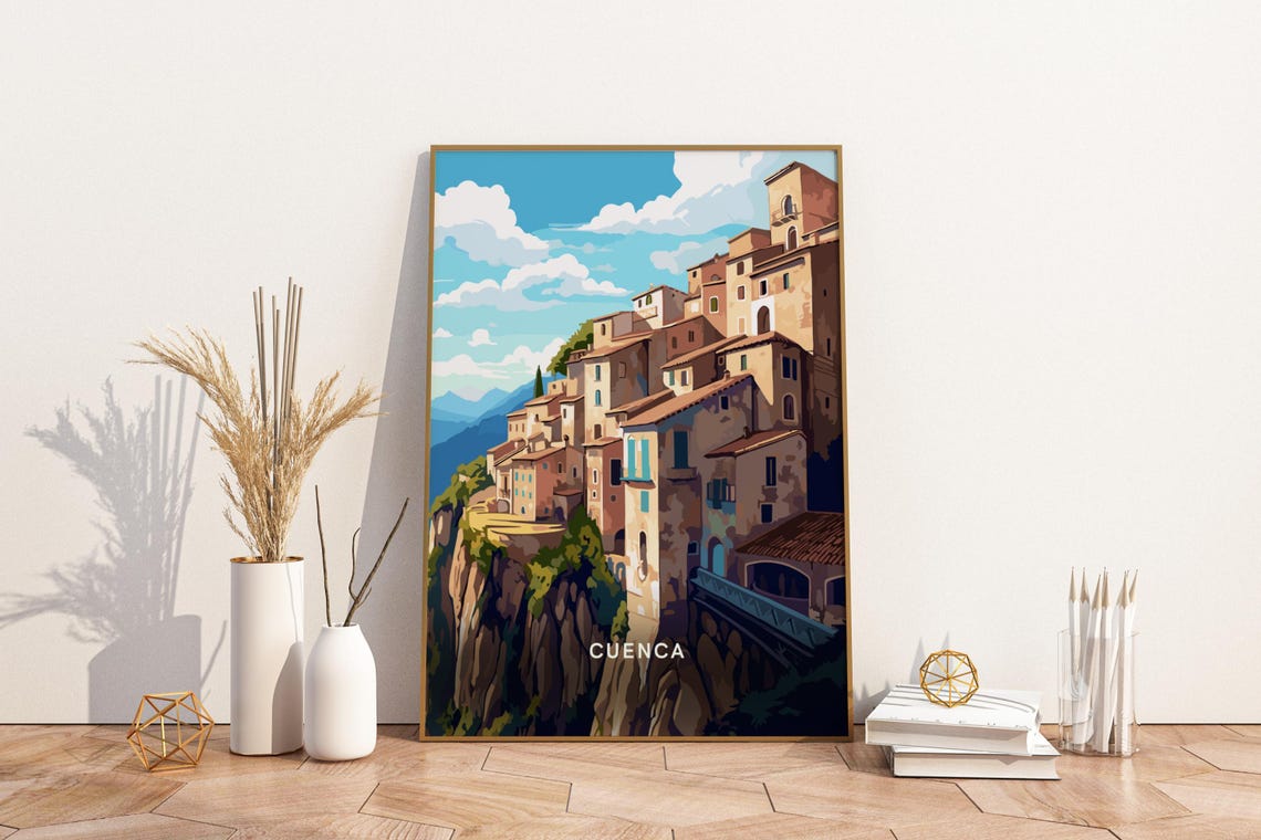 Cuenca Spain Cliffside Old Town Vintage Style Travel Art Poster