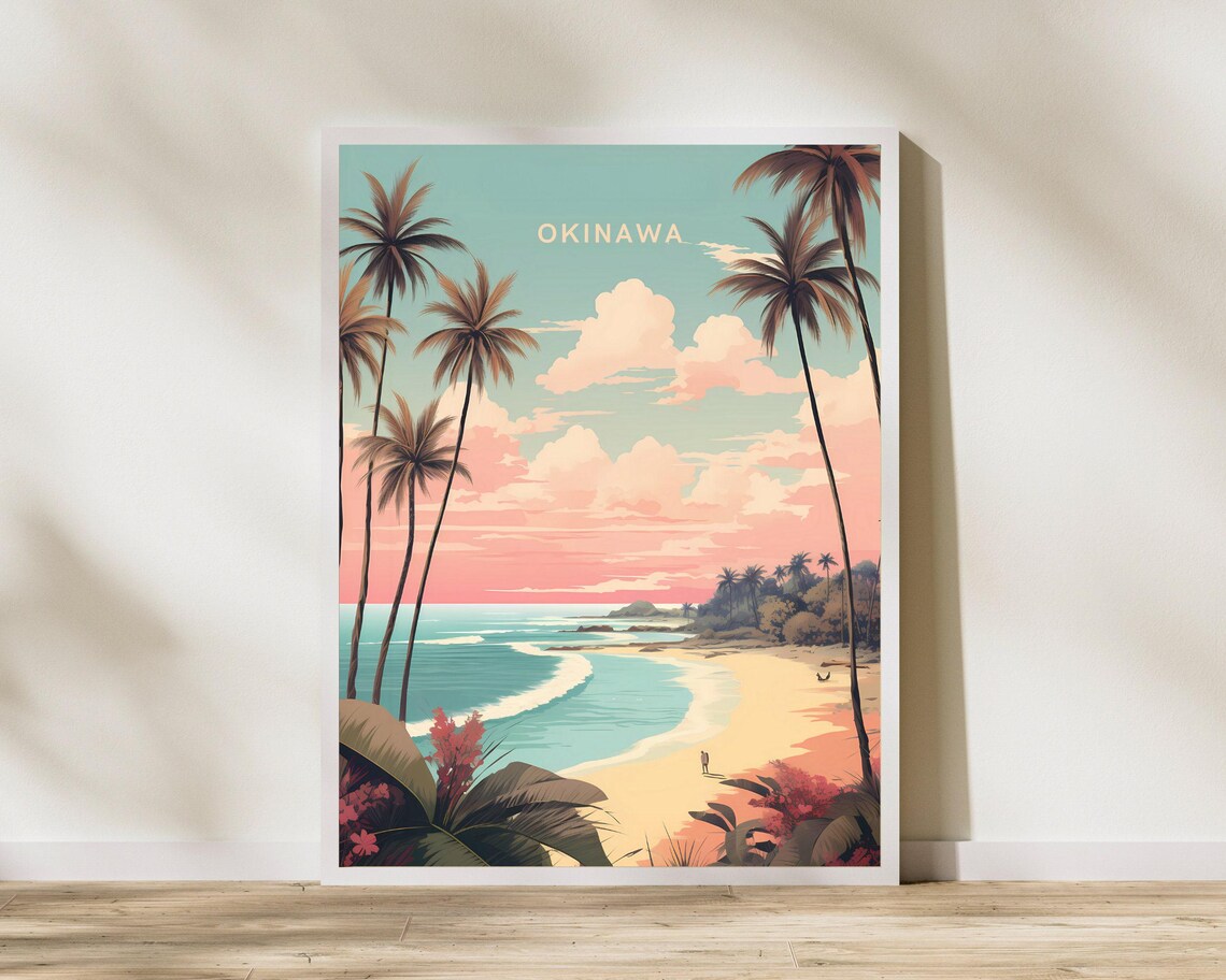 Okinawa Japan Beach Palm Trees Ocean Coastline Travel Poster