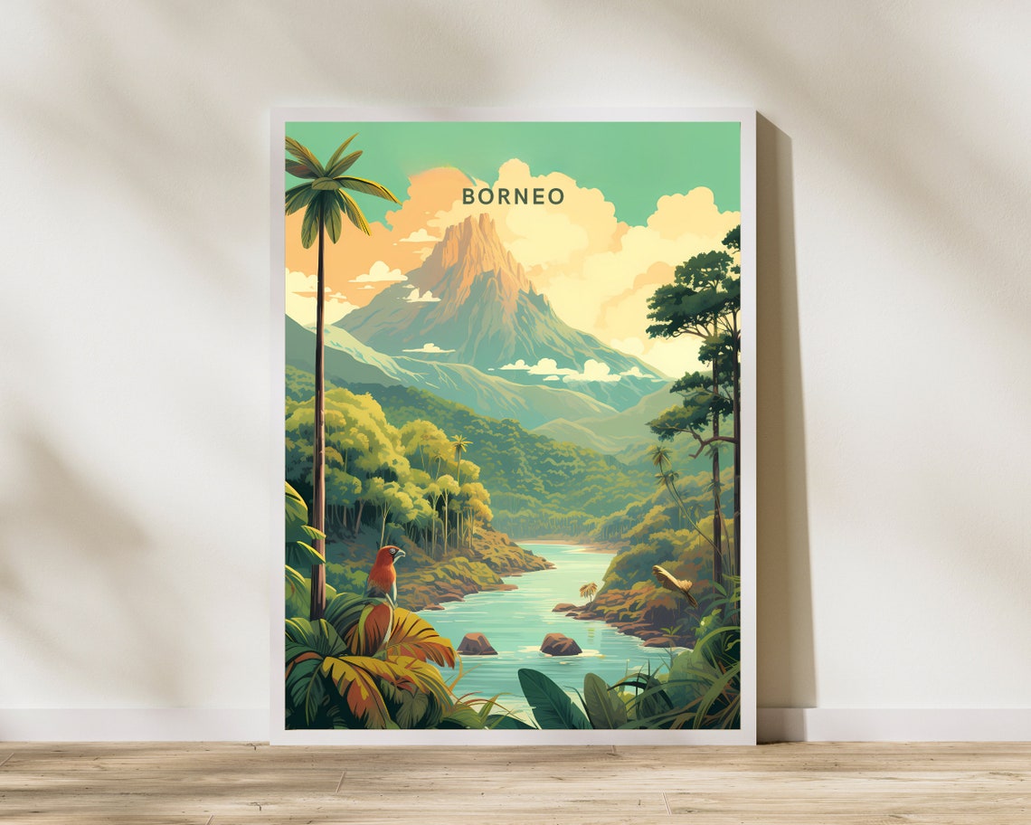 Borneo Jungle Mountain River Vintage Travel Adventure Poster