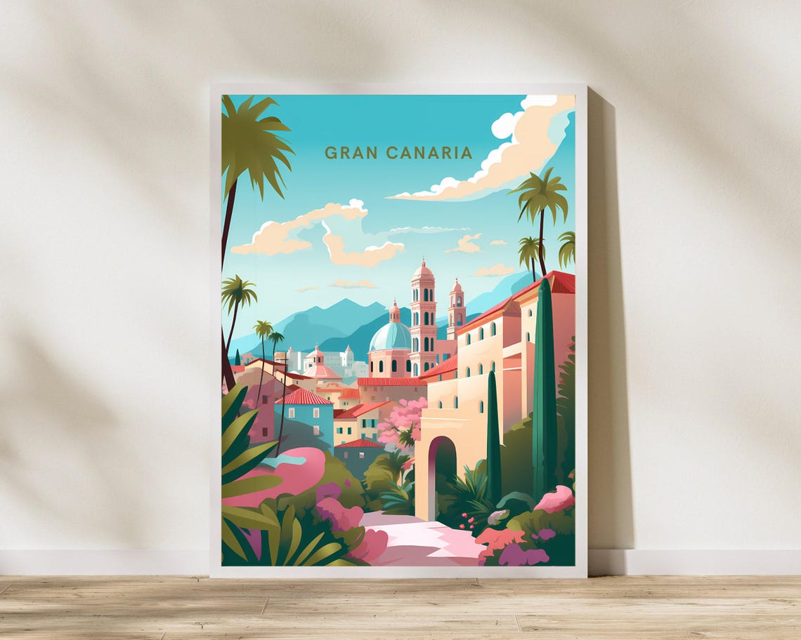 Gran Canaria Spain Old Town Cathedral Travel Illustration Poster