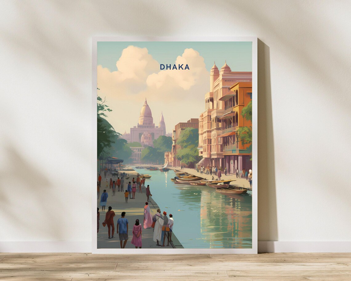 Dhaka Bangladesh Riverfront Boats Street Scene Travel Poster