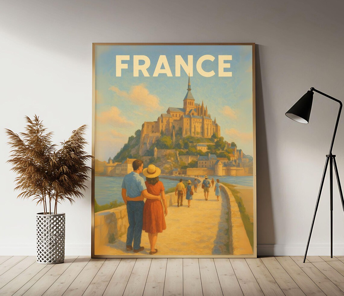France Mont Saint Michel Abbey Golden Hour Vintage Travel Poster