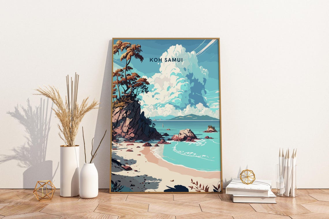 Koh Samui Thailand Tropical Beach Palms Cliffs Retro Travel Poster