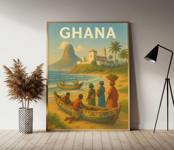 Ghana Coastal Life Travel Poster Ghanaian Wall Art Print Vintage Decor