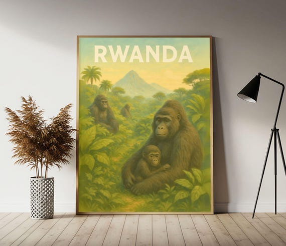 Rwanda Gorillas Travel Poster Rwandan Safari Wall Art Print Vintage Decor