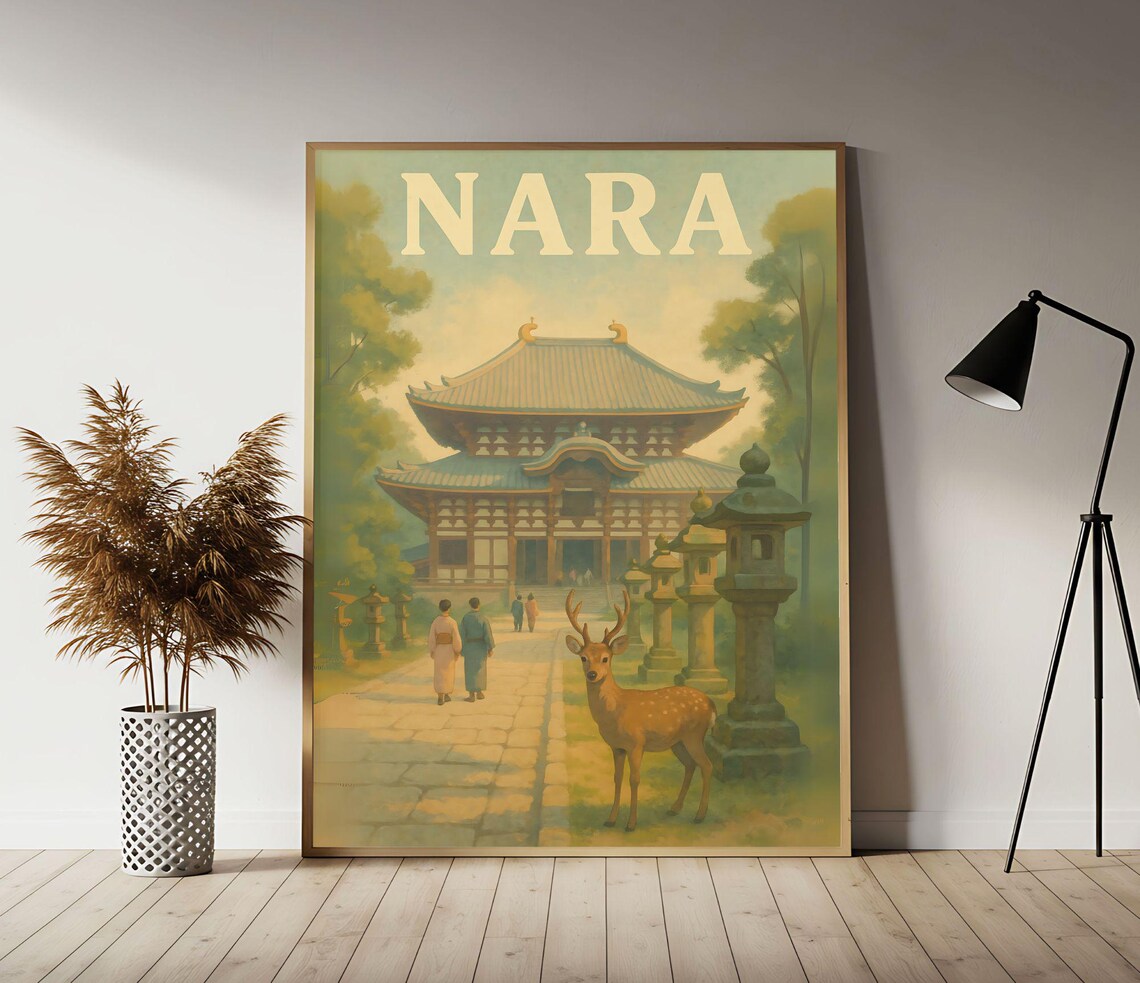 Nara Japan Ancient Temple Deer Park Vintage Travel Style Poster