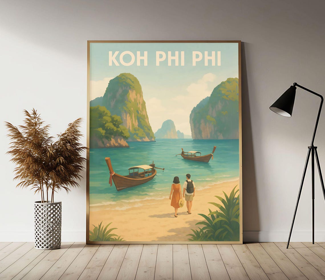 Koh Phi Phi Thailand Beach Longtail Boats Vintage Tropical Poster