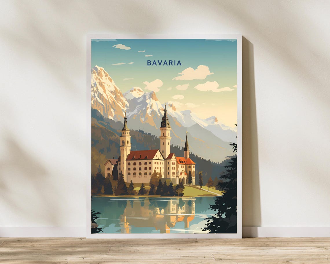 Bavaria Germany Lakeside Castle Mountain Vintage Travel Poster