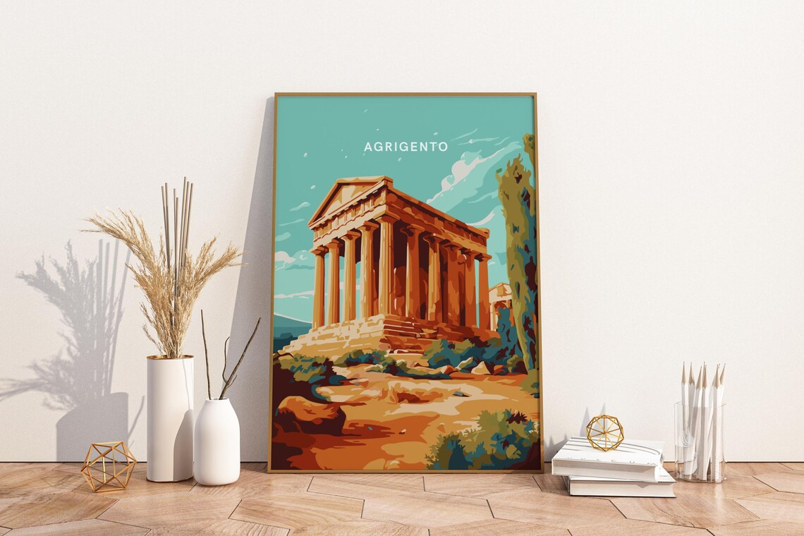 Agrigento Italy Ancient Greek Temple Ruins Retro Travel Poster