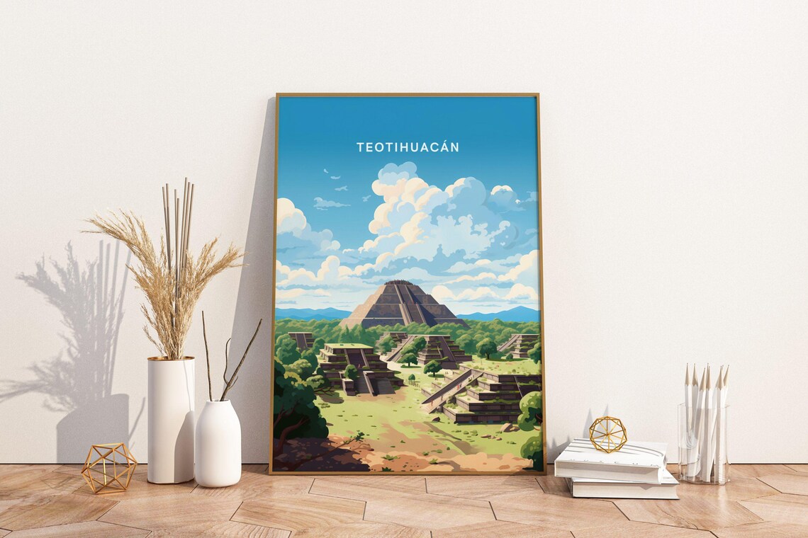 Teotihuacan Mexico Travel Poster Print Wall Art Vintage Deco