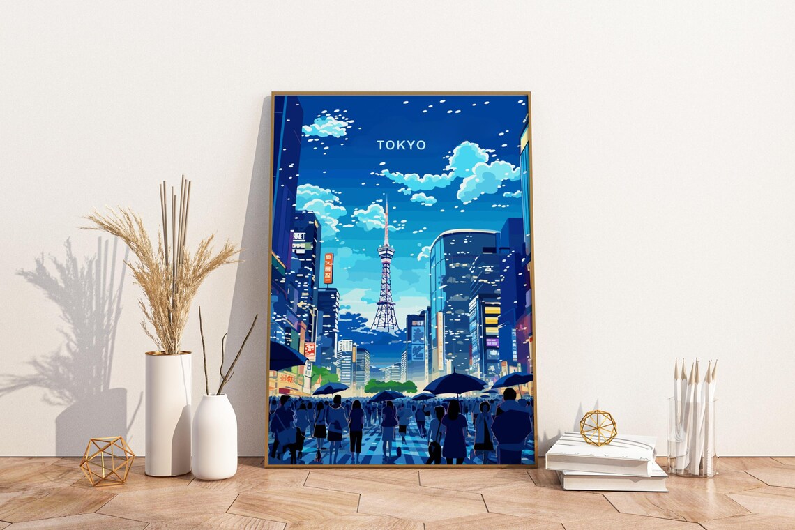 Tokyo Japan Neon City Streets Rainy Evening Illustration Poster