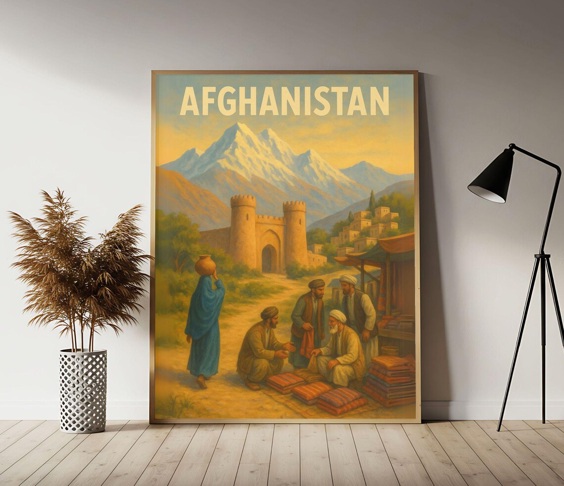 Afghanistan Mountain Fortress Bazaar Scene Vintage Travel Poster