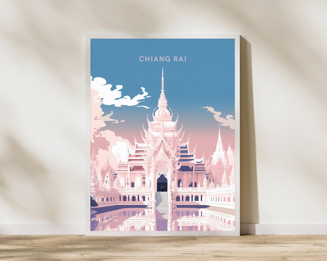 Chiang Rai Thailand White Temple Pastel Wat Rong Khun Travel Poster