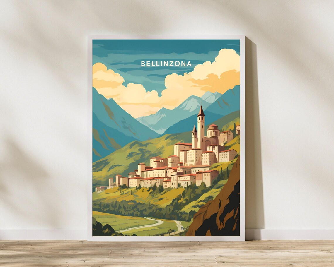 Bellinzona Switzerland Vintage Castle Hillside Town Travel Poster