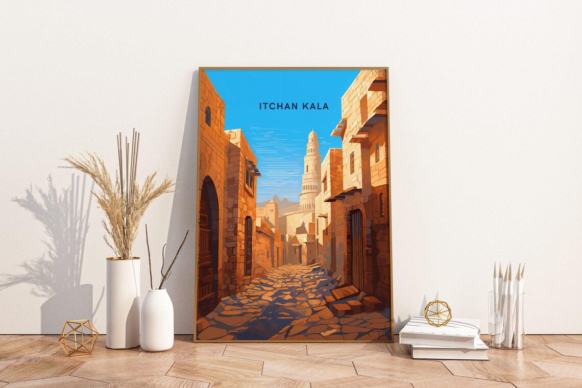 Itchan Kala Uzbekistan Old Town Minaret Golden Vintage Travel Poster