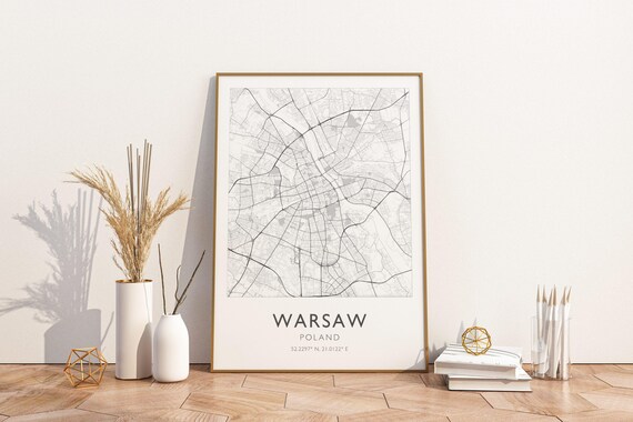 Warsaw Poland Street Map With GPS Coordinates Minimalist Poster