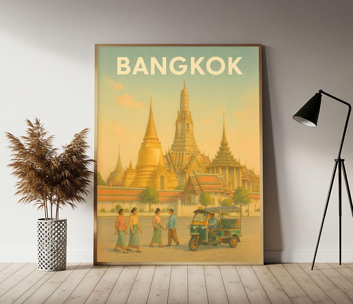 Bangkok Thailand Grand Palace Tuk Tuk Vintage Style Travel Poster