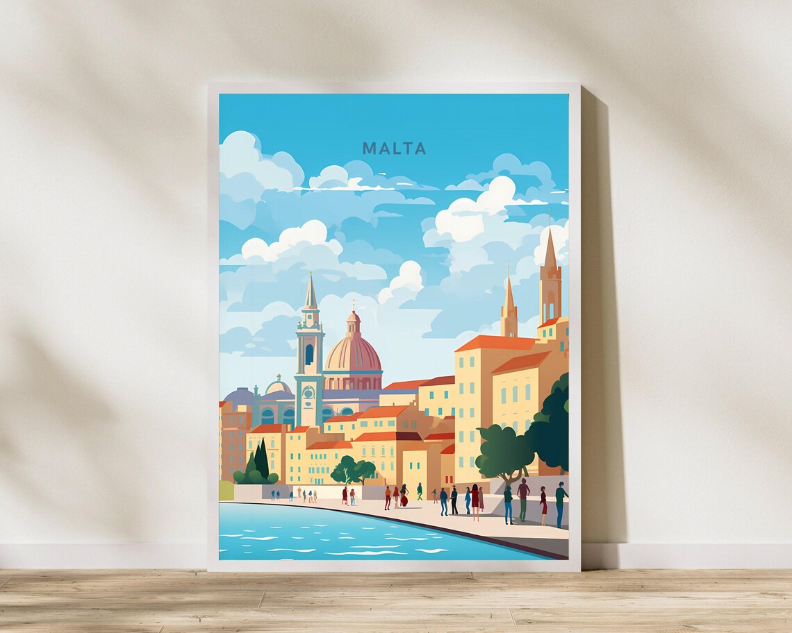 Malta Waterfront Promenade Historic Harbor Sunset Art Poster