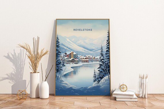 Revelstoke Canada Snowy Mountain Village Winter Ski Travel Art Poster