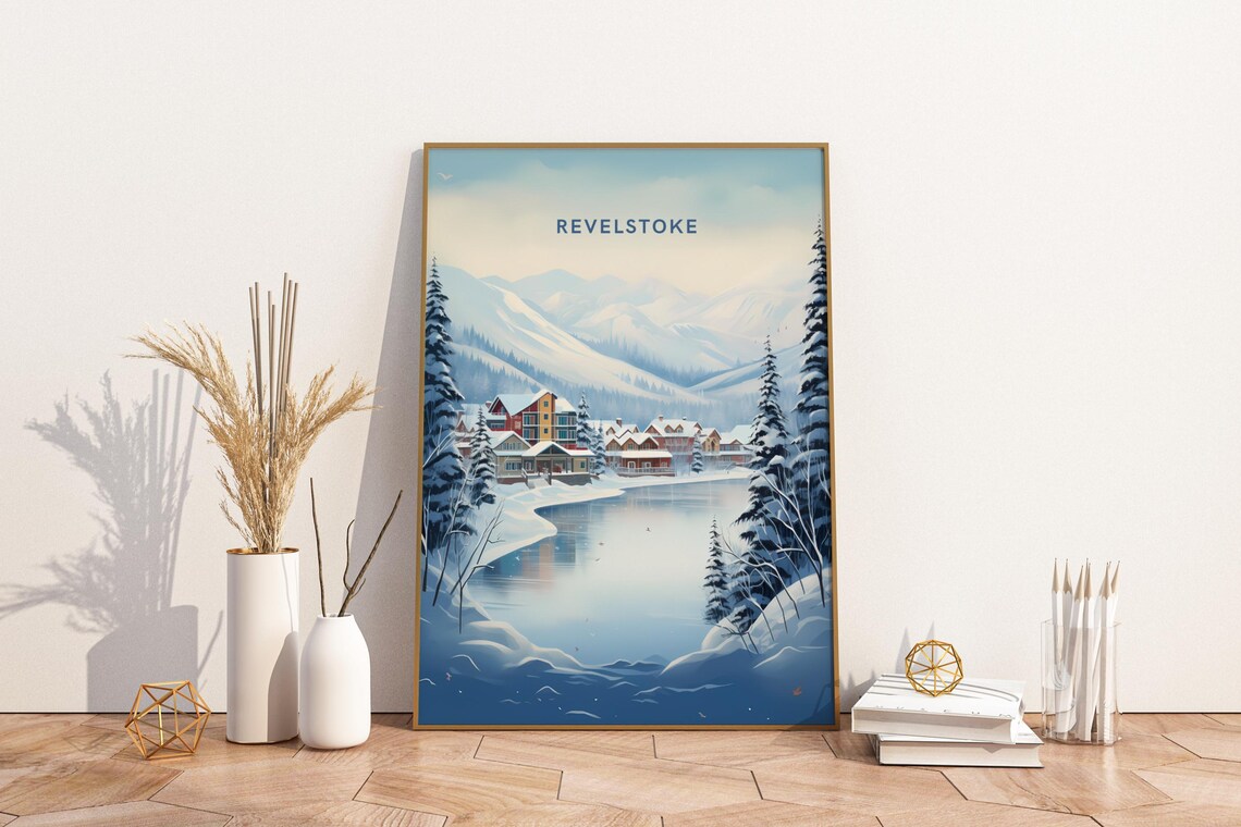 Revelstoke Canada Snowy Mountain Village Winter Ski Travel Art Poster