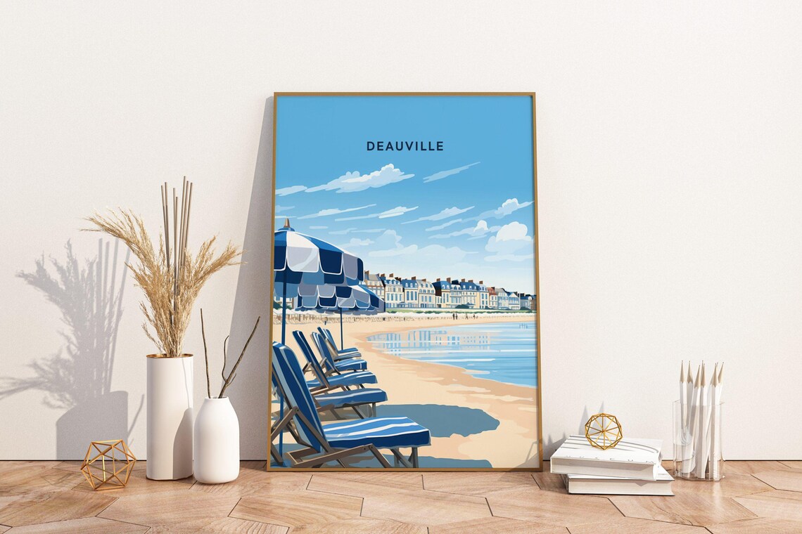 Deauville France Beach Travel Poster with Blue Striped Umbrellas Art