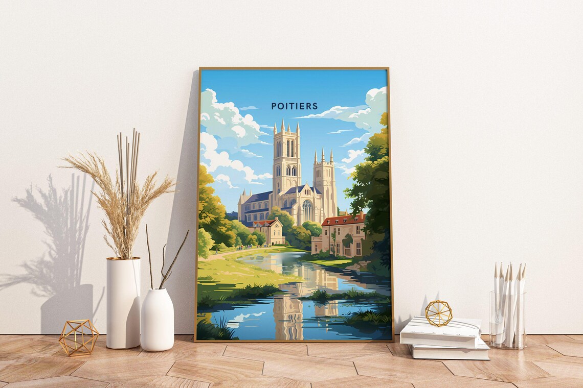 Poitiers France Twin-Towered Cathedral Riverside Travel Poster